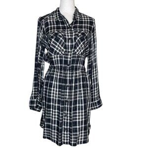 EXPRESS Plaid ShirtDress Elastic Waist Button up Dress W/Belt Loop, Pockets Med